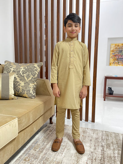 Boys Golden Beige Kurta & Pajama